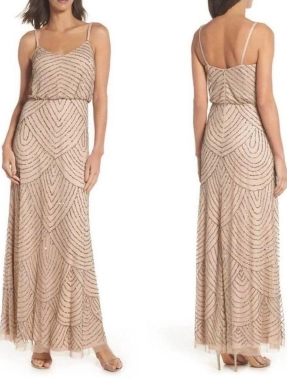 Adrianna Papell Blush Beaded Scallop Maxi Dress size 0